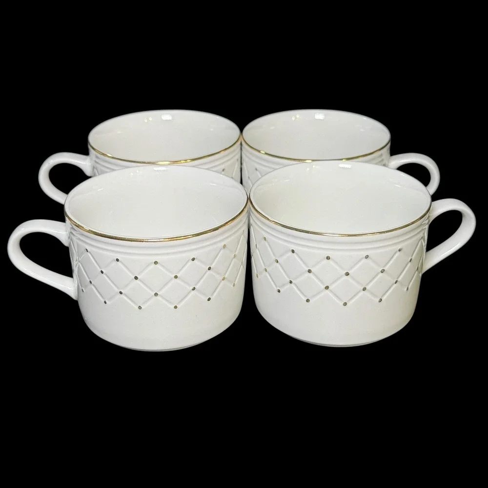 Gibson Golden Basket Flat Coffee Cup White and Gold‎ Set of 4